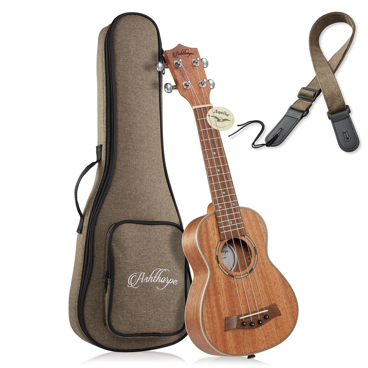 Ashthorpe Soprano Ukulele, Solid Mahogany with Satin Finish - 21-Inch Professional Uke with Aquila Nylgut Strings, Padded Gig Bag, and Strap